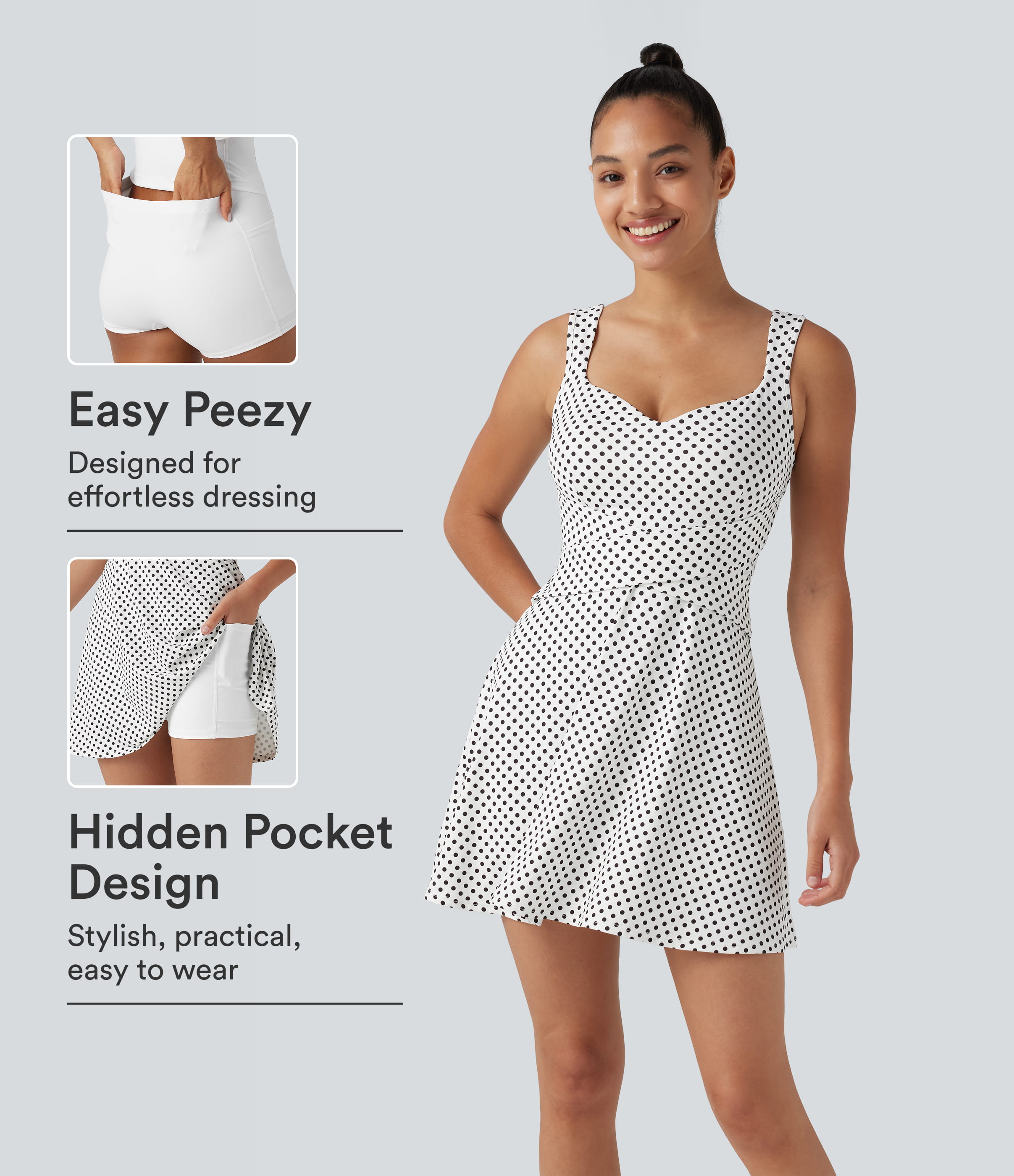 Built-in Bra 2-in-1 Polka Dot Mini Tennis Active Dress with Pockets-Easy Peezy Edition Workout Dress - Snow Dots