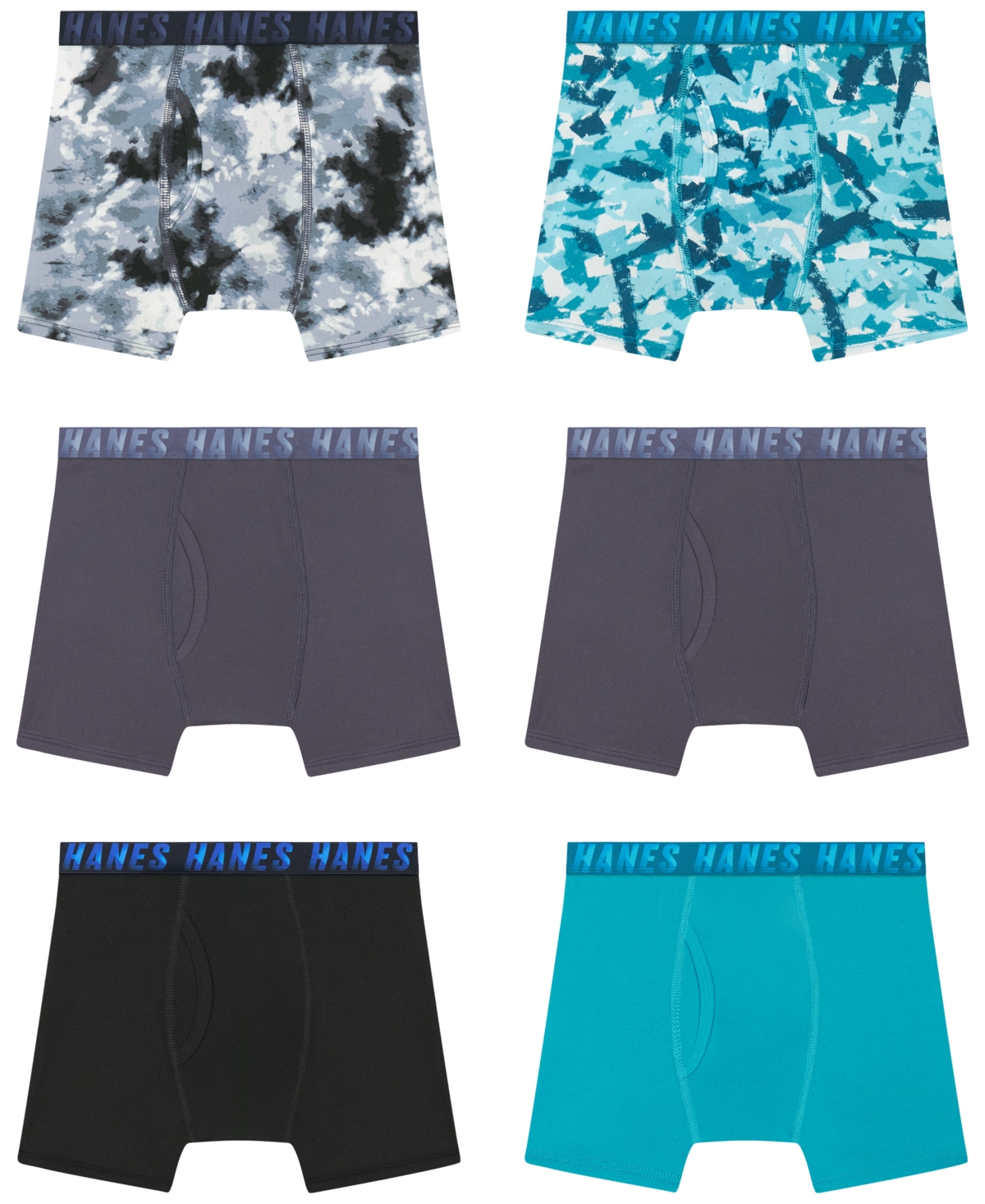 Boys , 5+1 Bonus Pack, Underwear Boxer Briefs, Moves Ultimate Performance Stretch, Solids/Camo Prints - Gray/Black/Camouflage/Teal