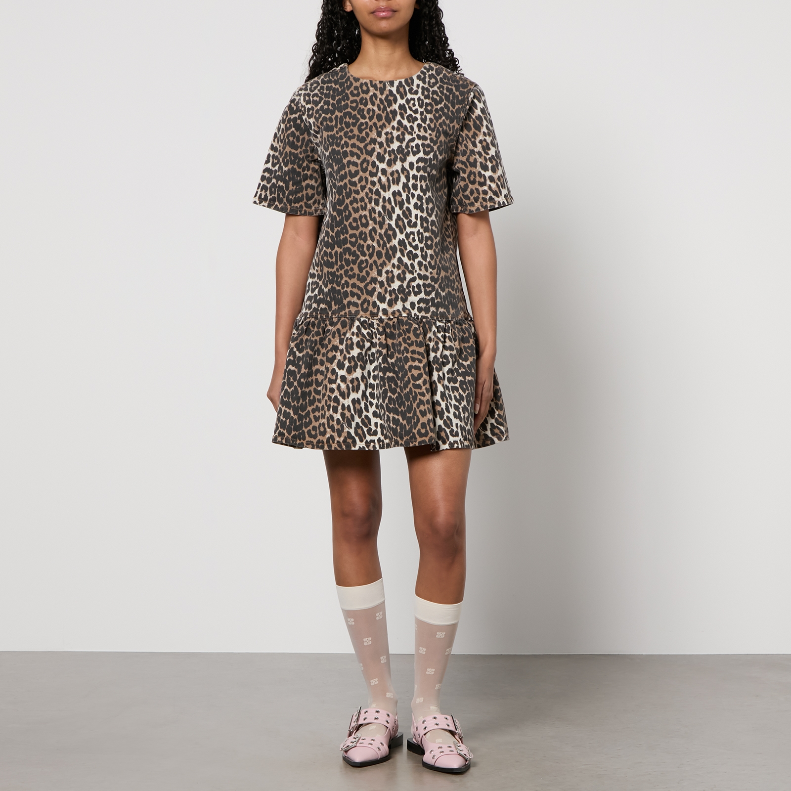 Ganni Leopard-Print Denim Mini Dress - EU 36/UK 8