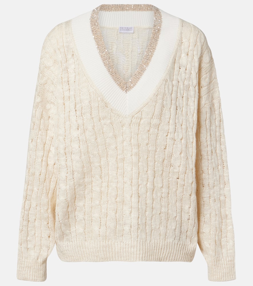 Cable-knit sequined hemp, silk, and cotton sweater