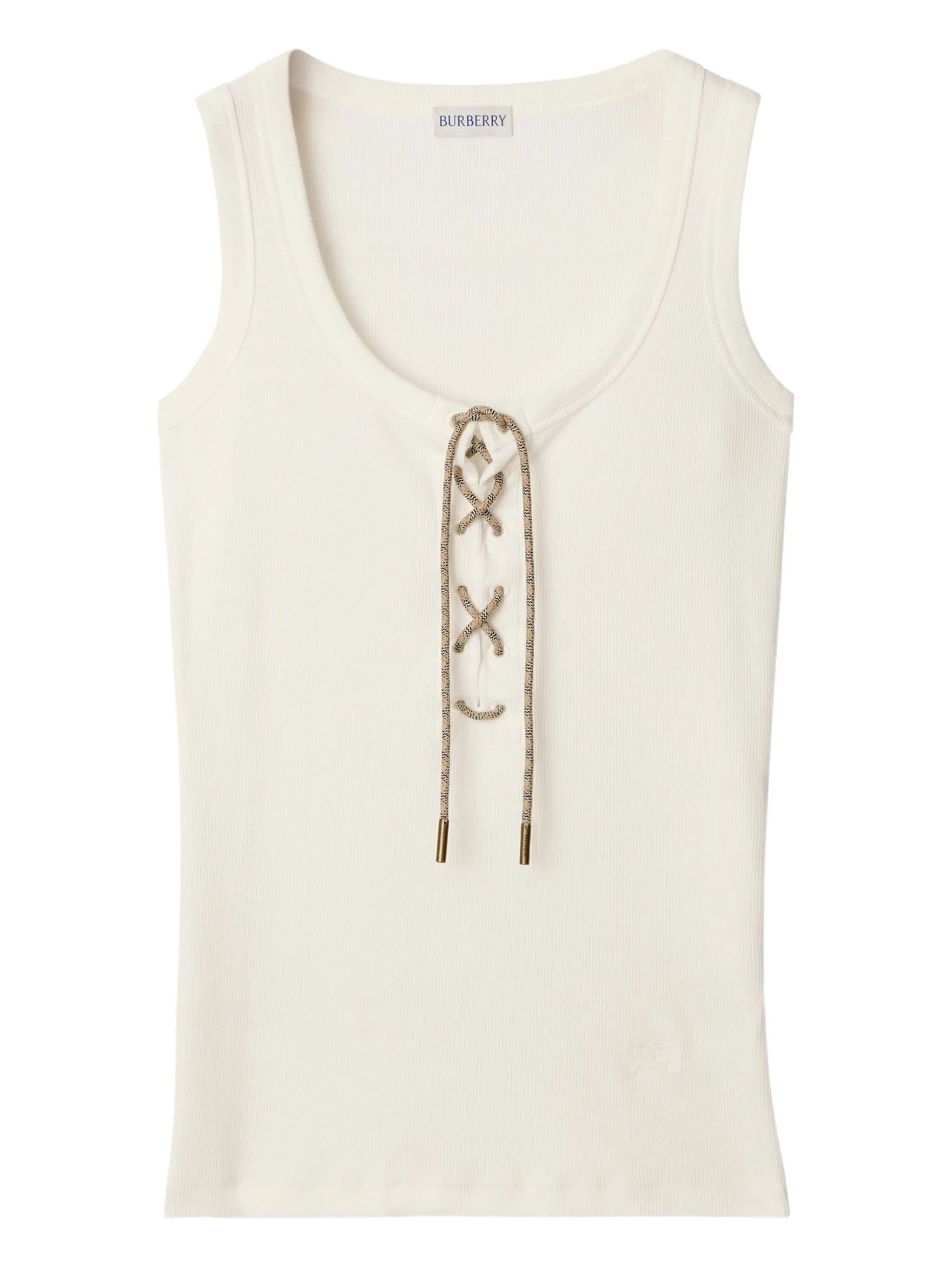 Ribbed Cotton-Blend Tank Top with Equestrian Knight Hem Embroidery and Adjustable Check Drawstring