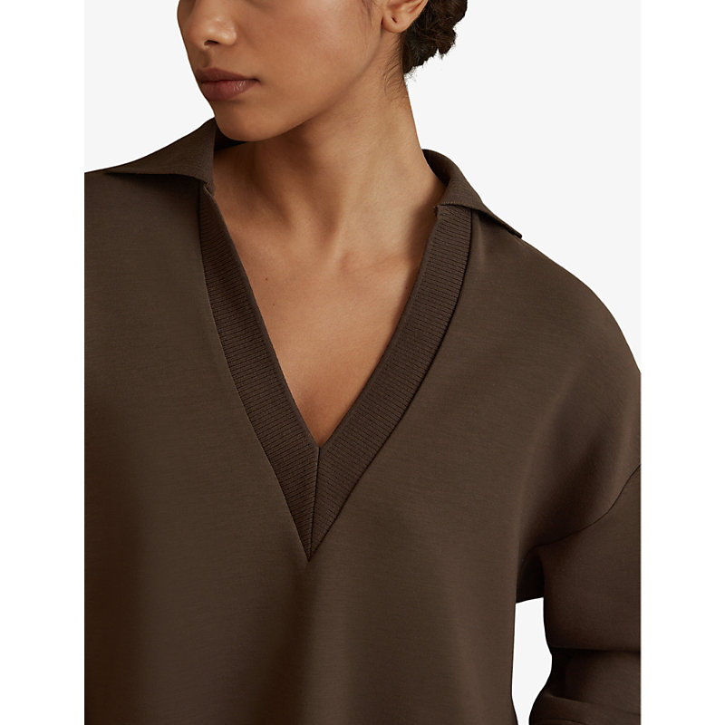 Womens Chocolate Bernie Open-collar Relaxed-fit Stretch-woven Jumper
