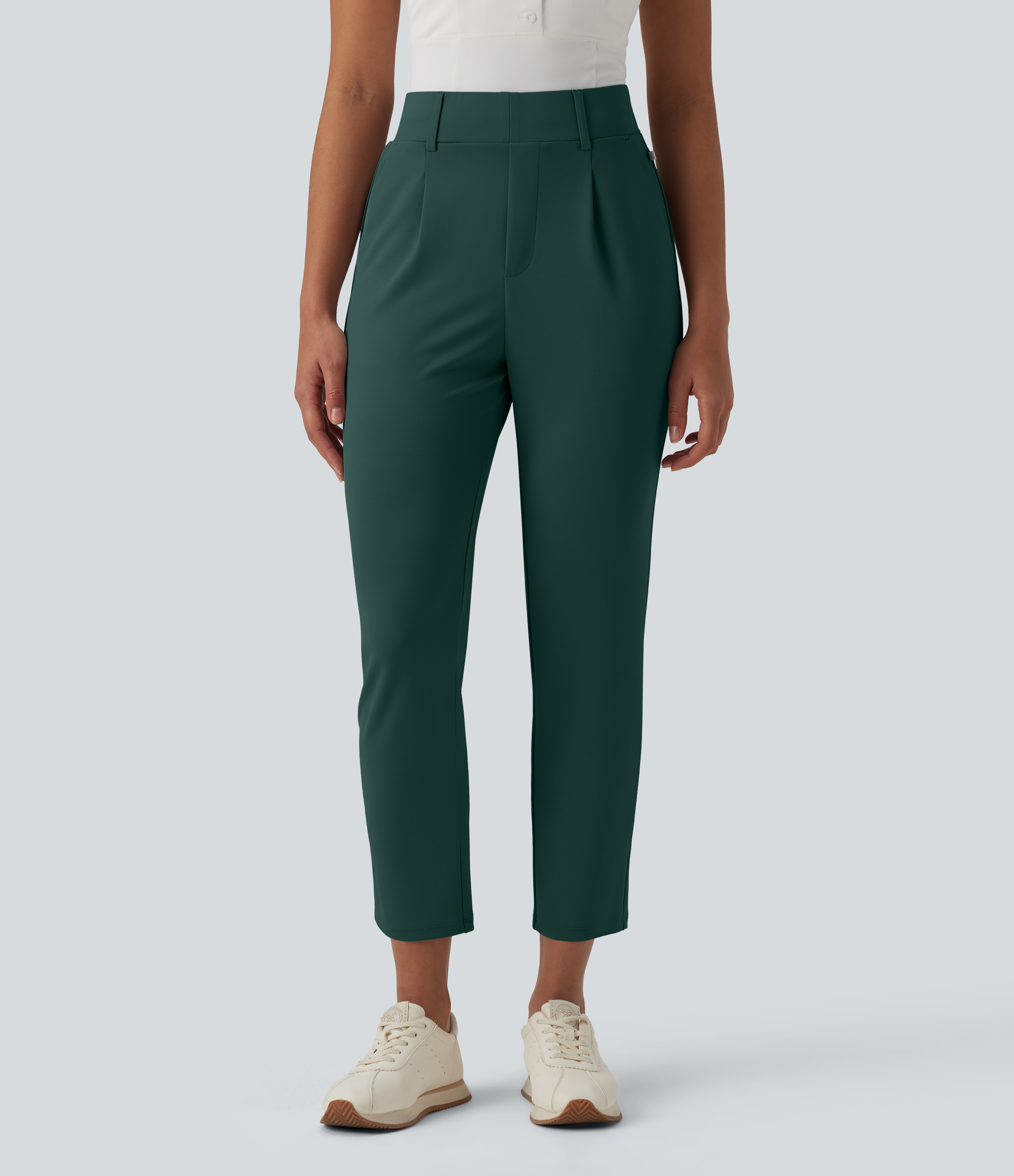 High Waisted Tapered Crepe Golf Pants with Pockets  - Karst Green