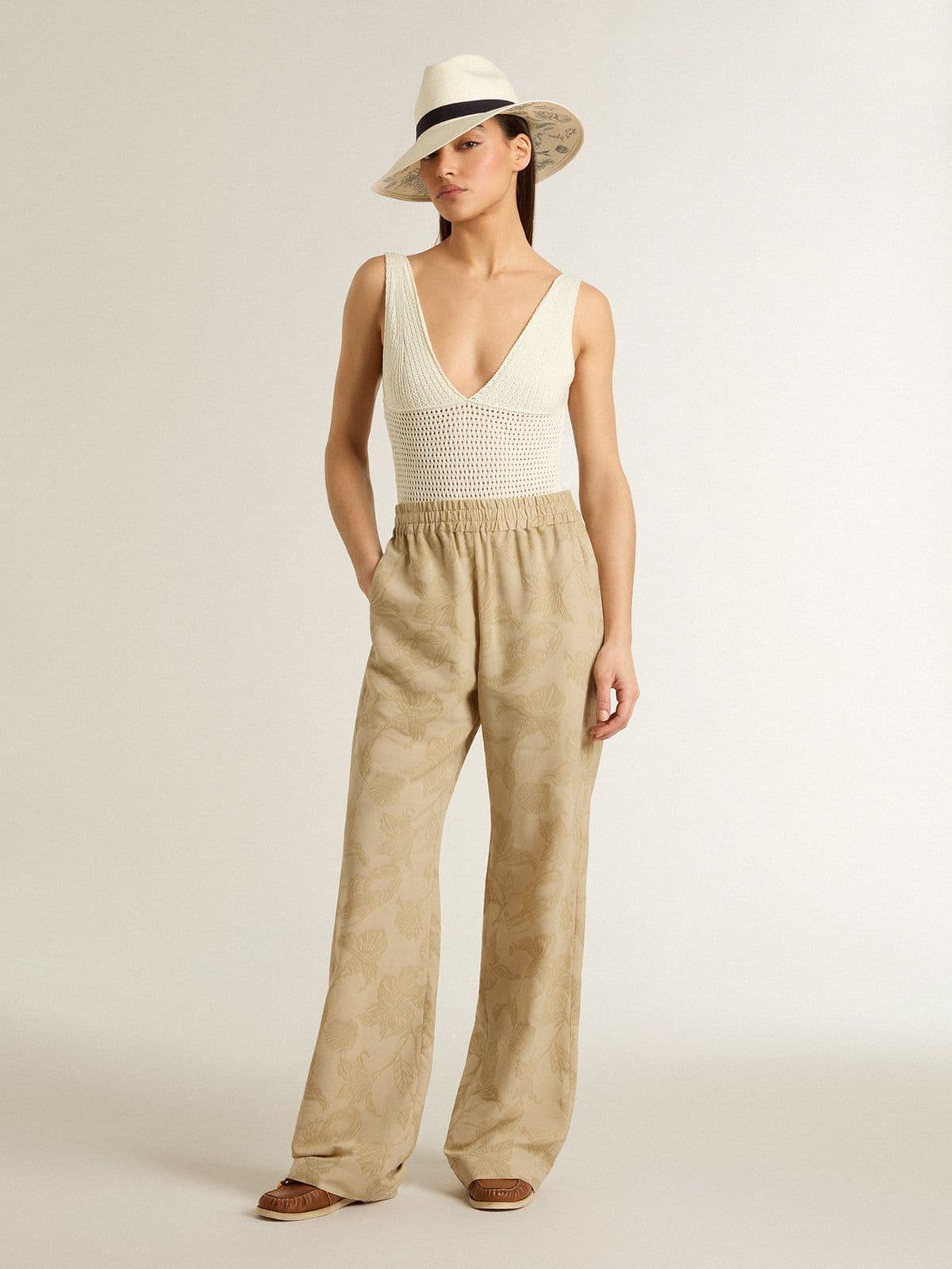 Golden Goose - Women's Pajama Pants In Beige Jacquard With Floral Pattern, Woman