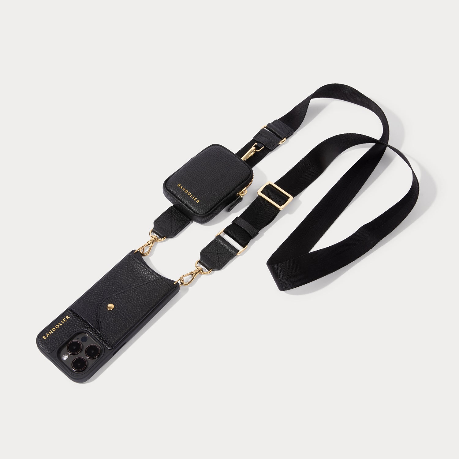 Bodie Crossbody with Mini Zip Pouch- Black/Gold | iPhone 16 Pro | Genuine Leather |