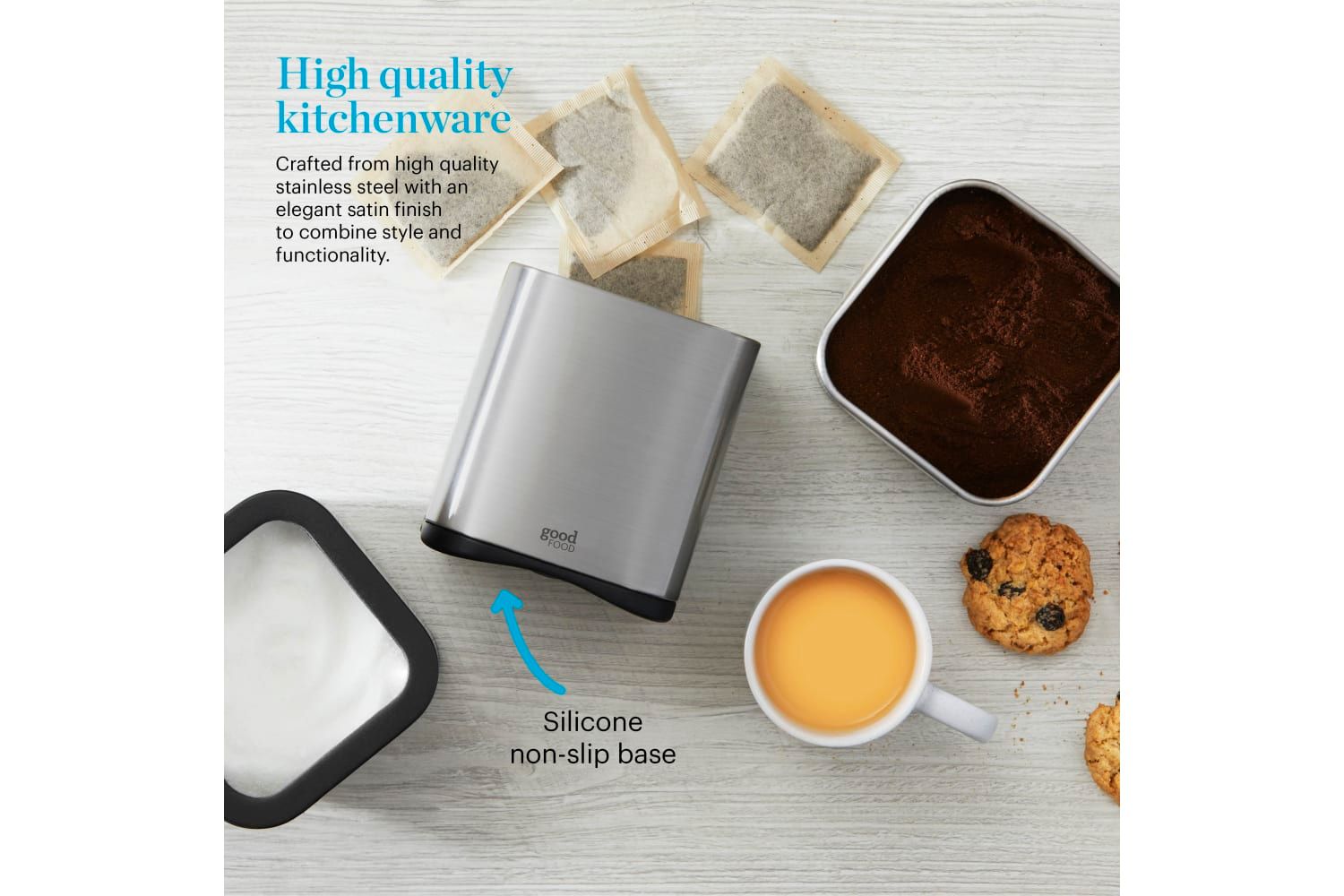 Tower Unisex Set Kitchen Storage Canisters for Tea, Coffee, Sugar & Other Loose Ingredients w/ Mirror Finish, 1.5L, Stainless Steel in Grey