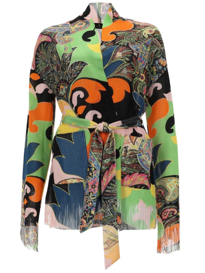 Etro - jacket belted waist fringe hem paisley