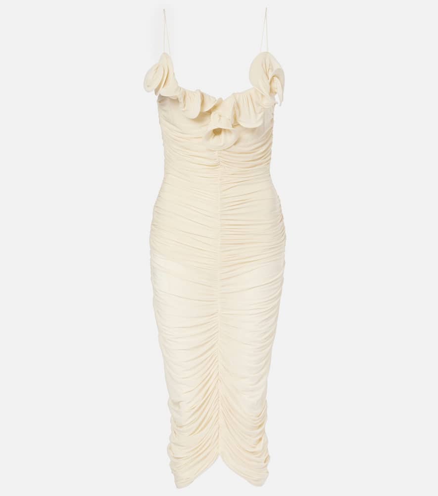 Semi-sheer ruched jersey midi dress