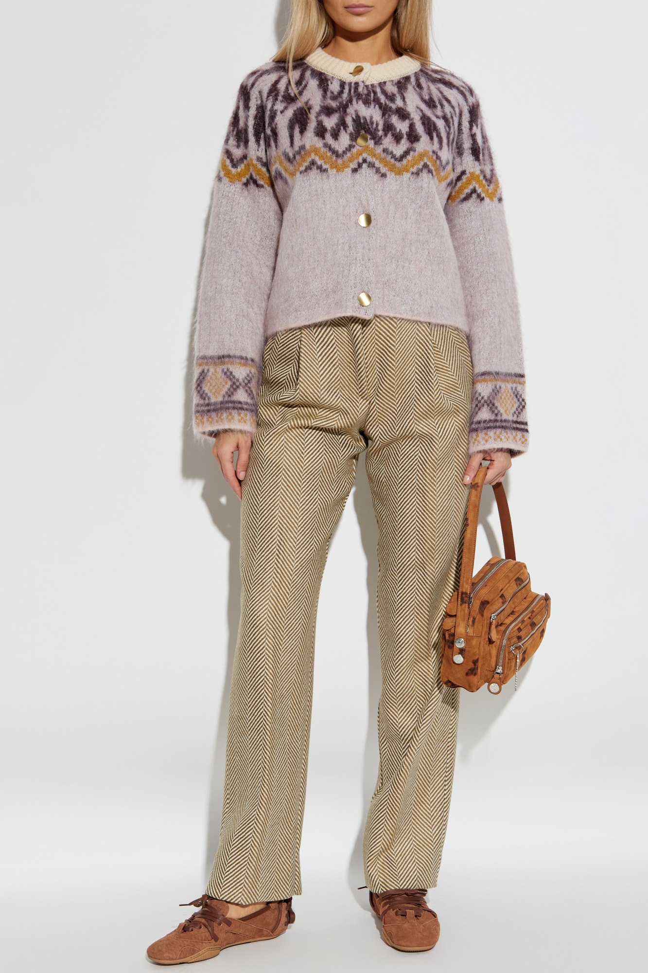 Herringbone Pattern Trousers, Women's, Beige