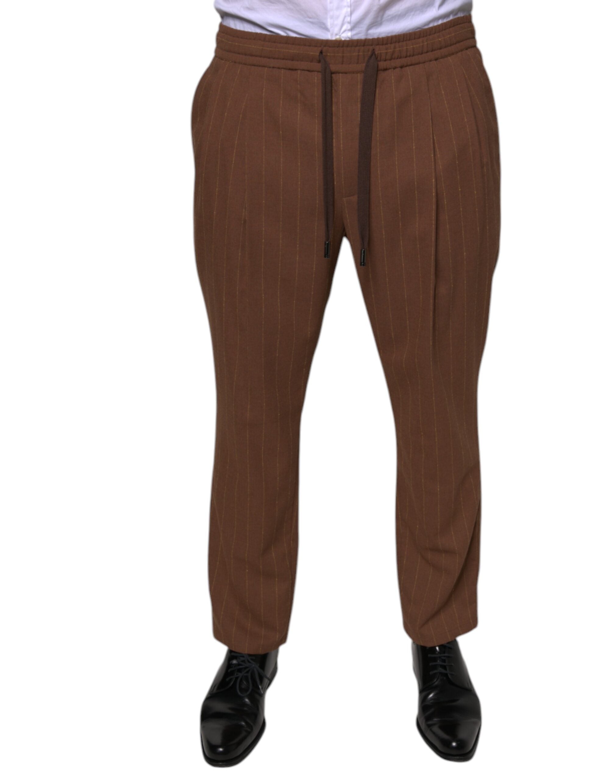 Pinstriped Wool-Blend Trousers — Brown