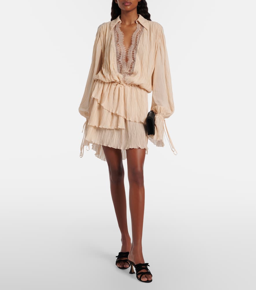 Lace-trimmed plissé georgette minidress