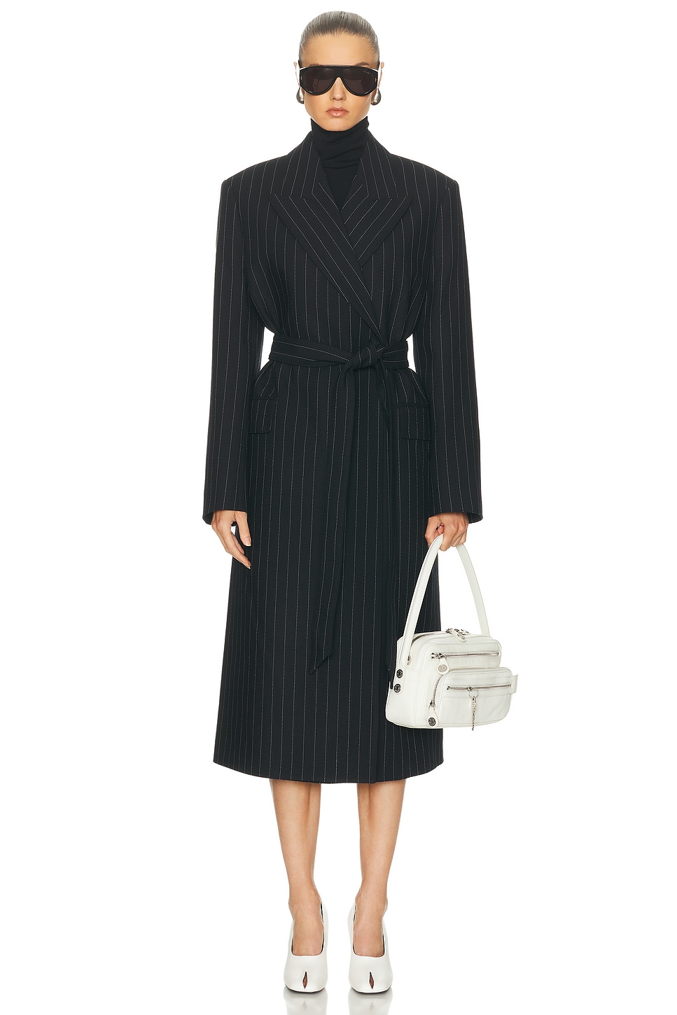 Acne Studios Olyx Pinstripe Maxi Coat in Black - Black.  40 also in 34, 36