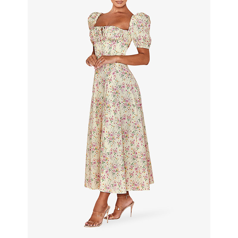 Womens Lemon Floral Tallulah Puffed-sleeve Cotton-blend Midi Dress