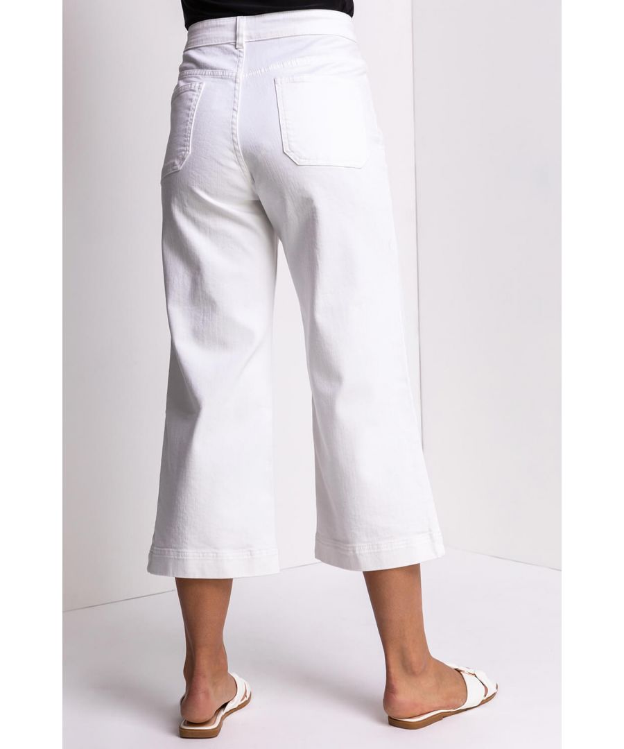 Roman Womens Wide Leg Cotton Jeans Stretch Denim Culottes Cropped Capri Pants - White