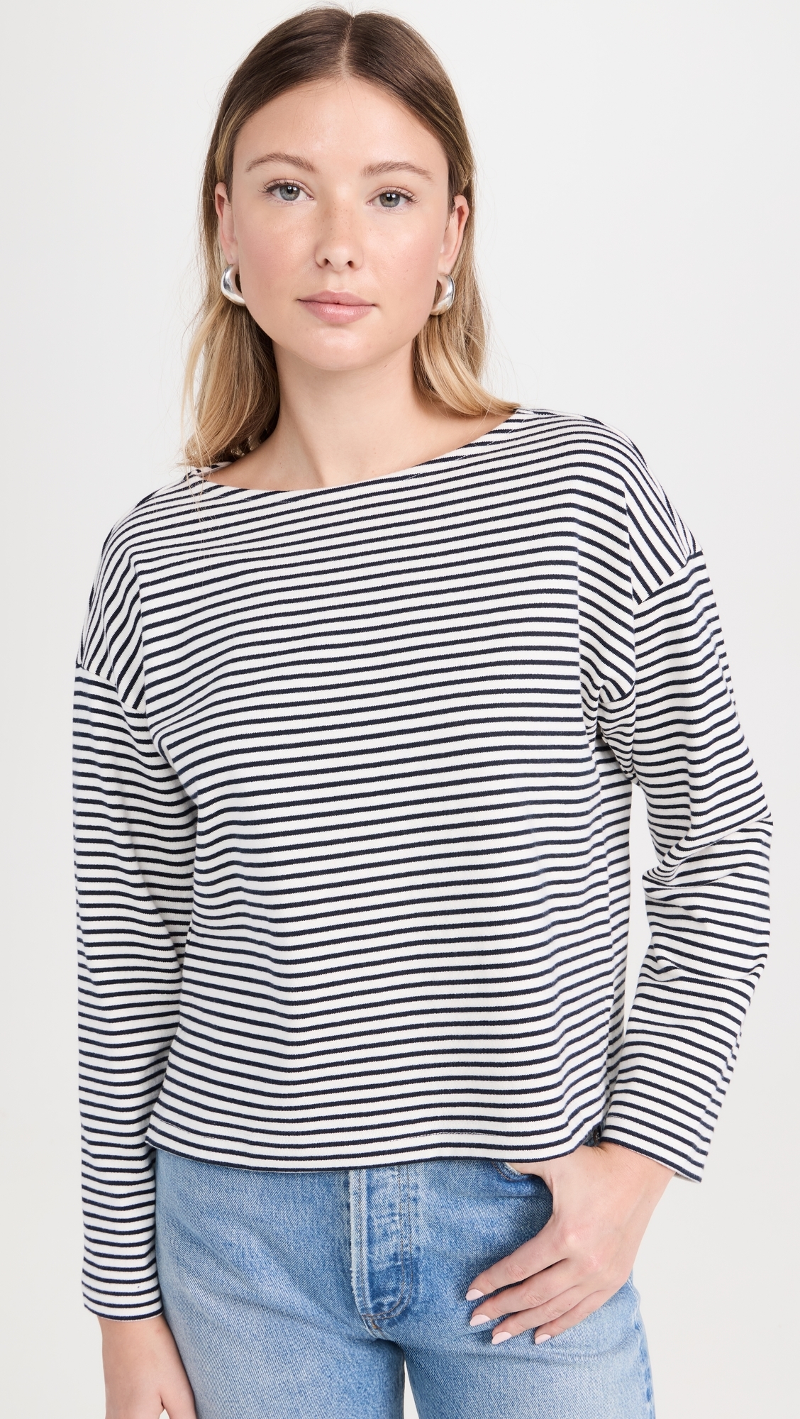 Macy Long Sleeve Tee Ivory Navy Micro Stripe
