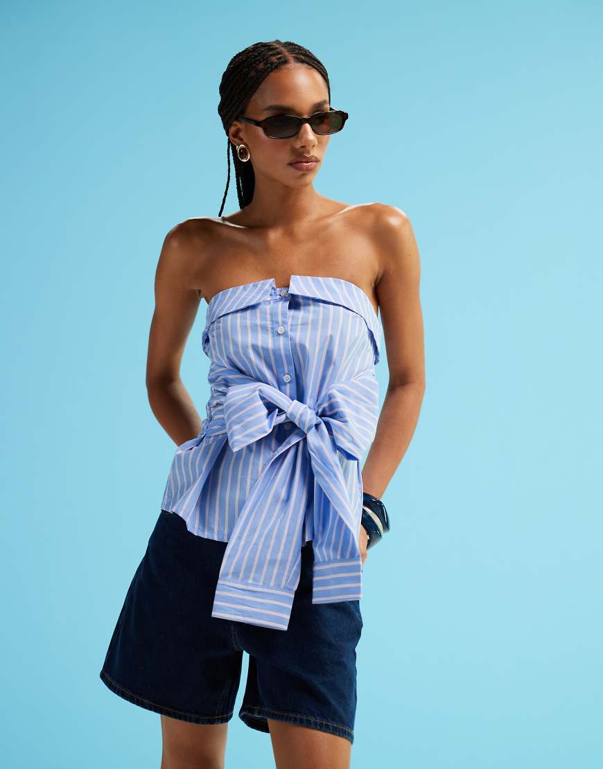 Monki strapless shirt bandeau top with tie front detail in blue and pink pinstripe