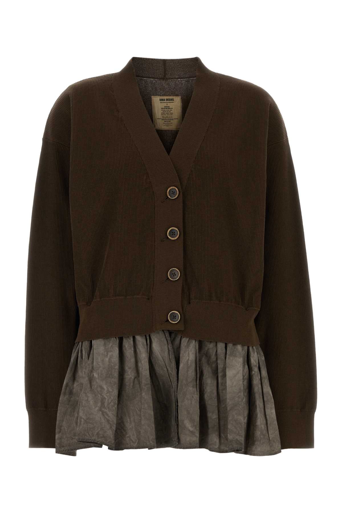 Cotton-Silk Blend Ribbed Cardigan — Brown