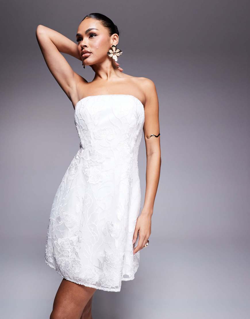 Ever New Bridal bandeau embroidered lace mini dress in ivory-White