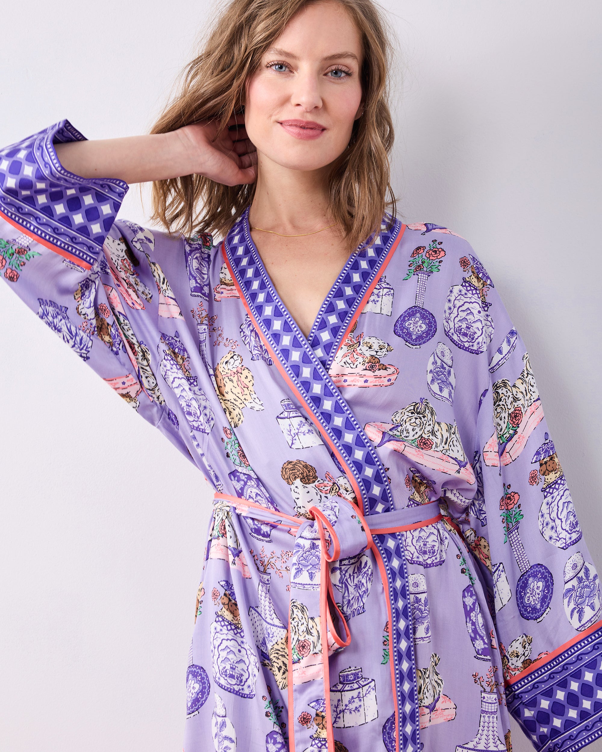 Eco Silky Robe in Fancy Dogs | Women's S/M | Purple | Sleepwear