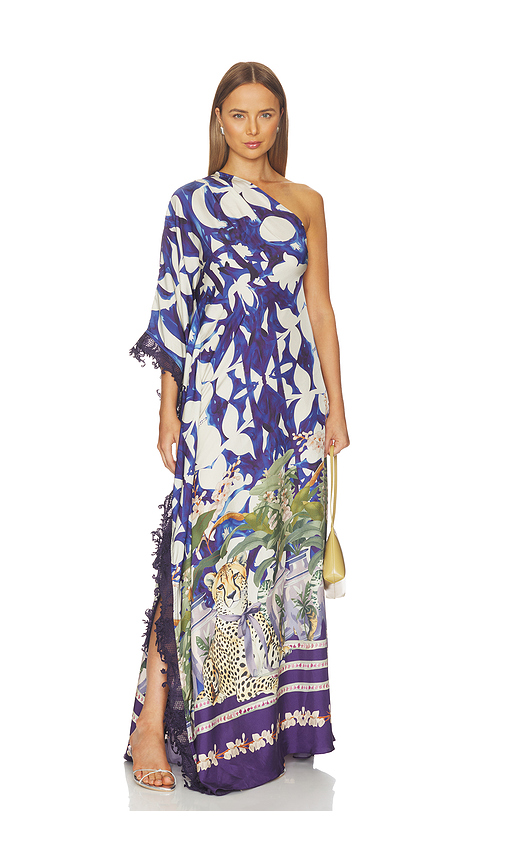 Falguni Shane Peacock Chateau Cheetah Print Kaftan With Lace Trim in Navy. XS. Also in S, M