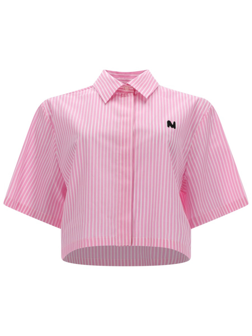 MSGM - collared cropped nylon silk short sleeve top