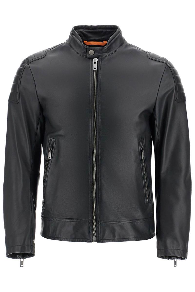 Black leather jacket with high collar and quilted details