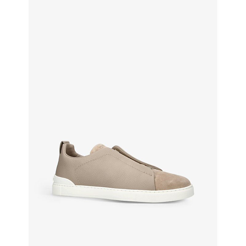 Mens Beige Triple Stitch Panelled Grained-leather and Suede Low-top Trainers