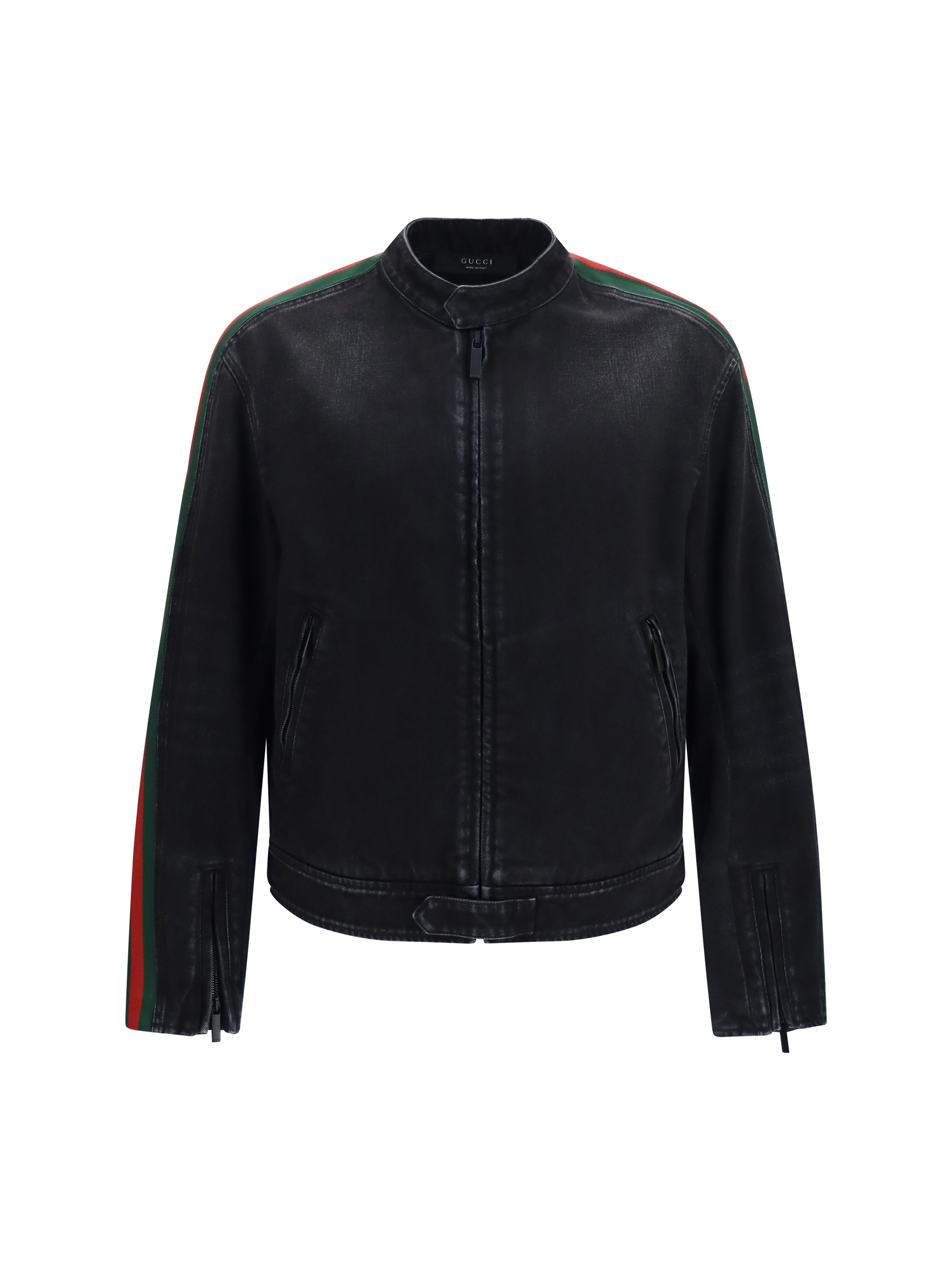 Web Stripe Denim Biker Jacket — Black