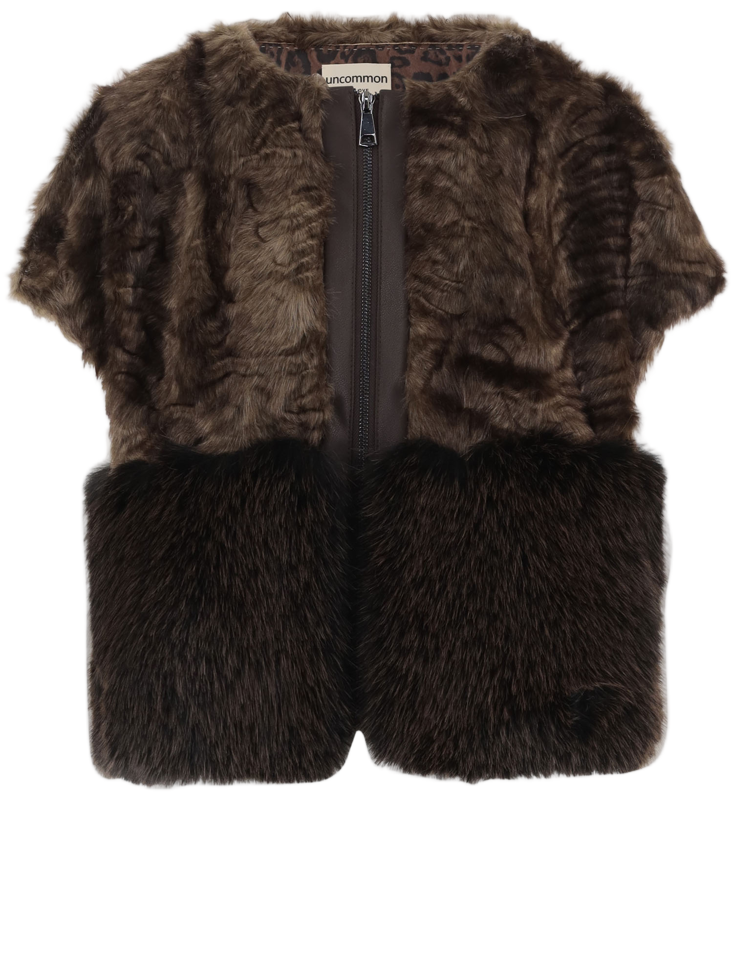 Brown Short Sleeve Two-Tone Faux Fur Vest
