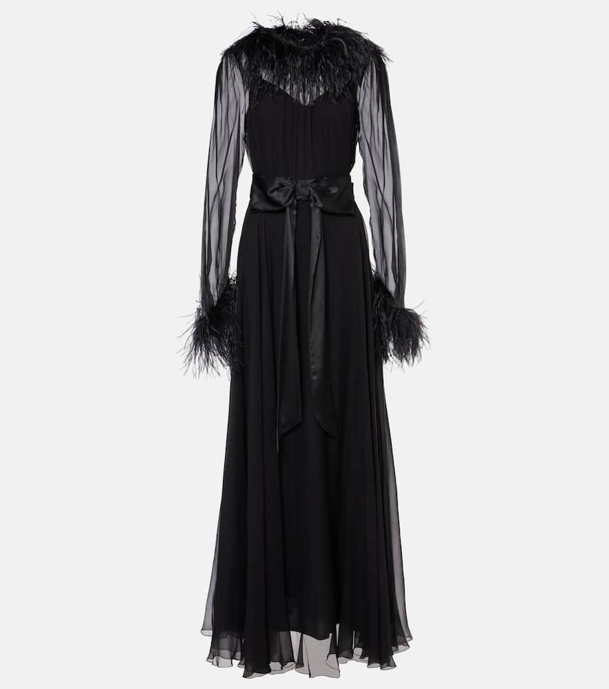 Feather-trimmed silk gown