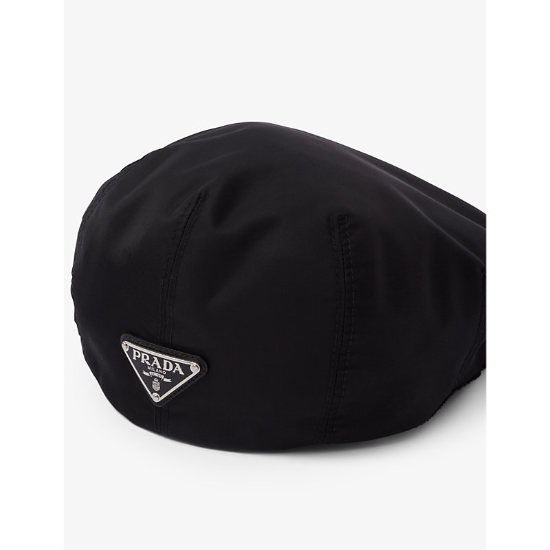 Mens Black Triangle-plaque Re-Nylon Beret hat