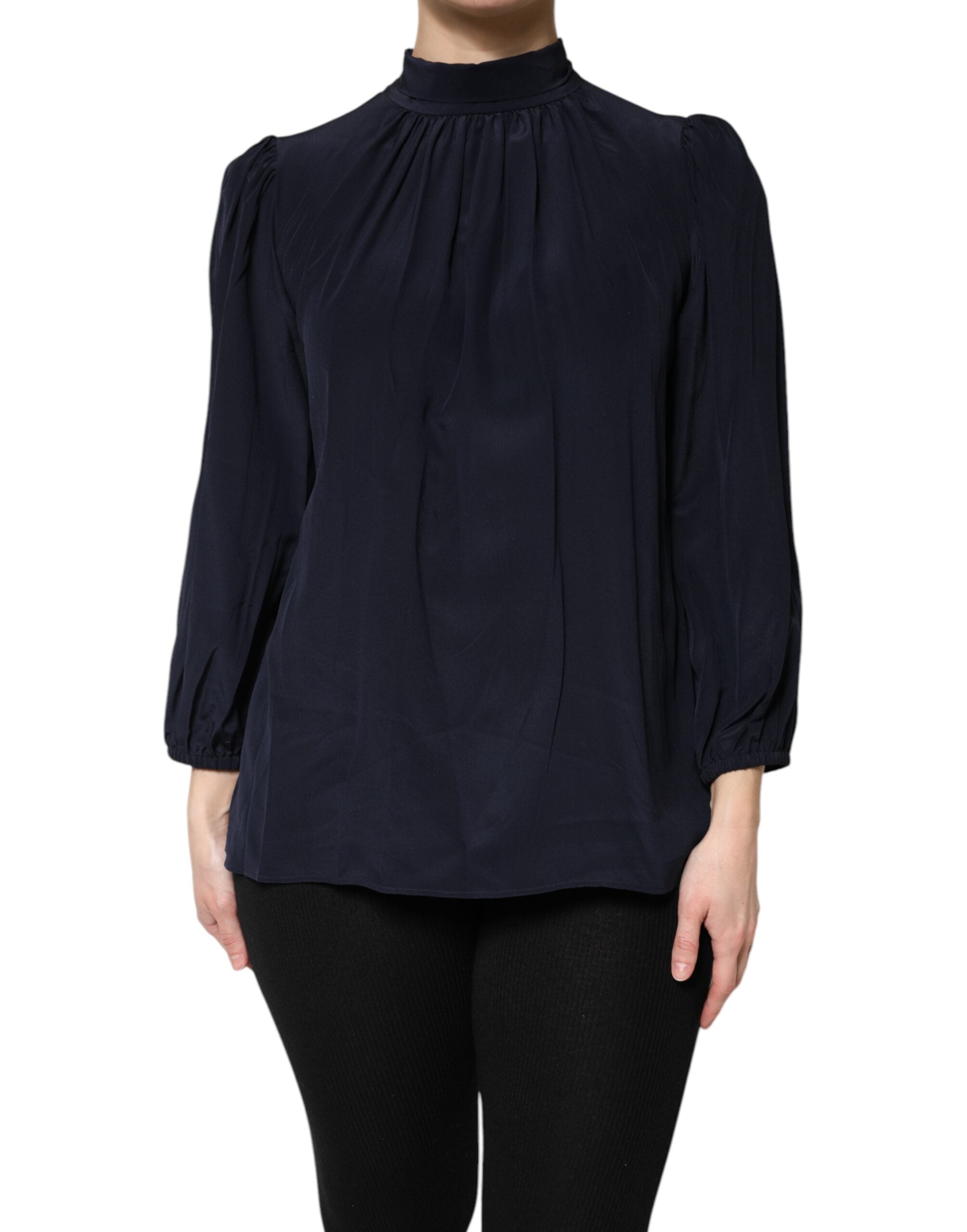 Silk Mock Neck Blouse — Navy