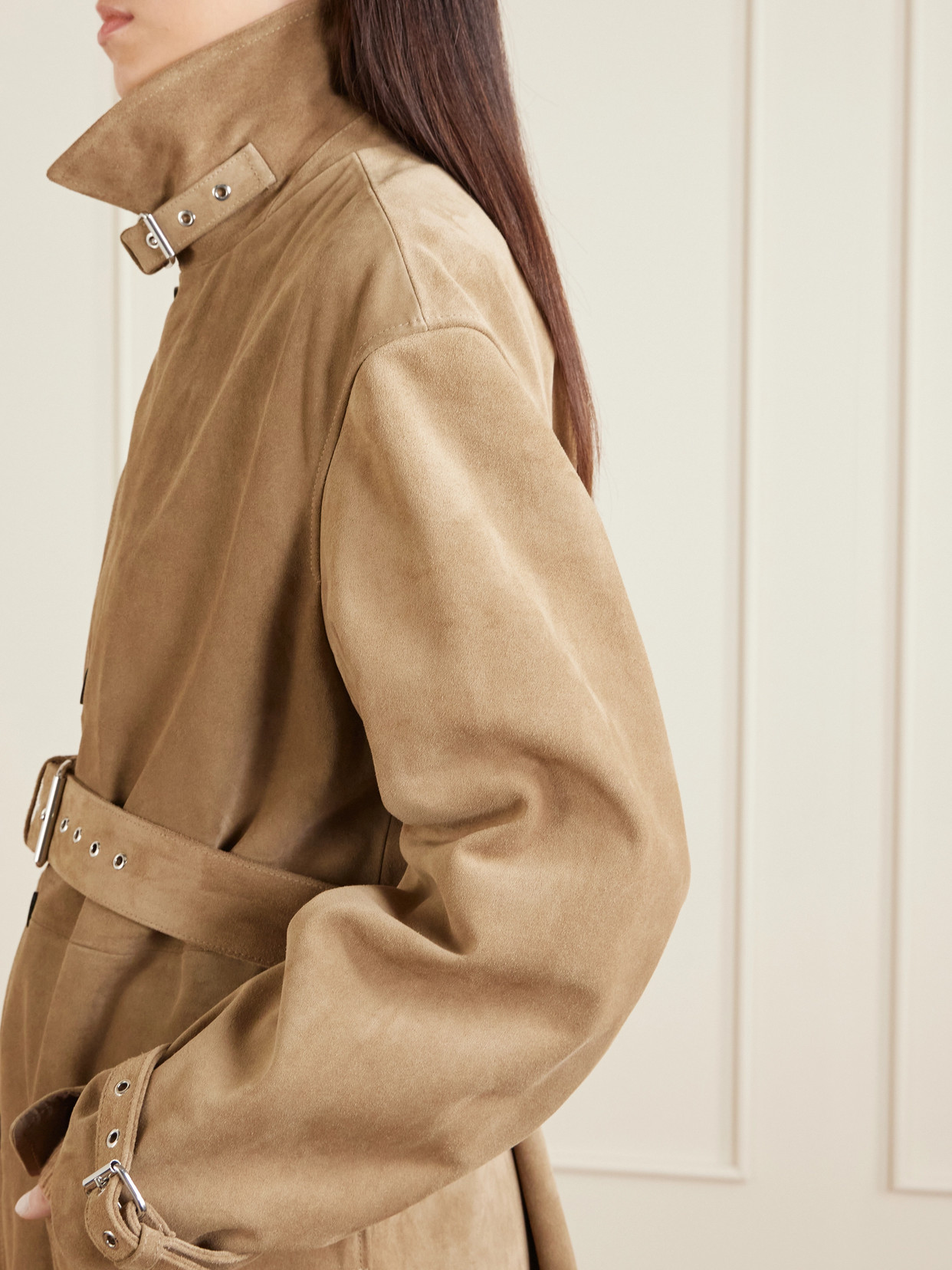 Belted Suede Trench Coat - Brown