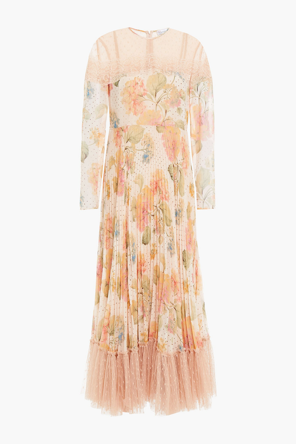 Pleated floral-print georgette, lace and point d'esprit midi dress - Pink - IT 38