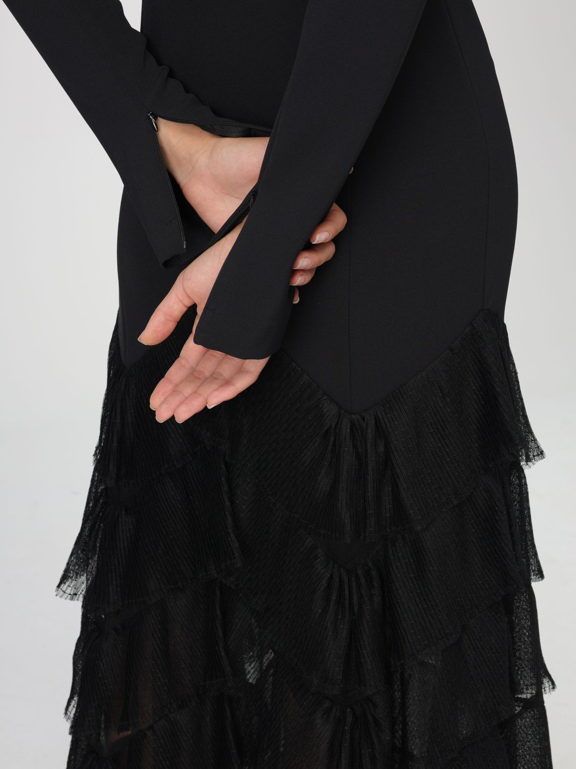 Pleated tulle flounces maxi dress - Black