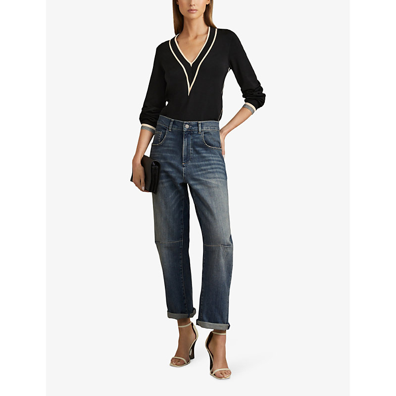 Womens Black/cream Faith Contrast-trim Stretch-woven Top S