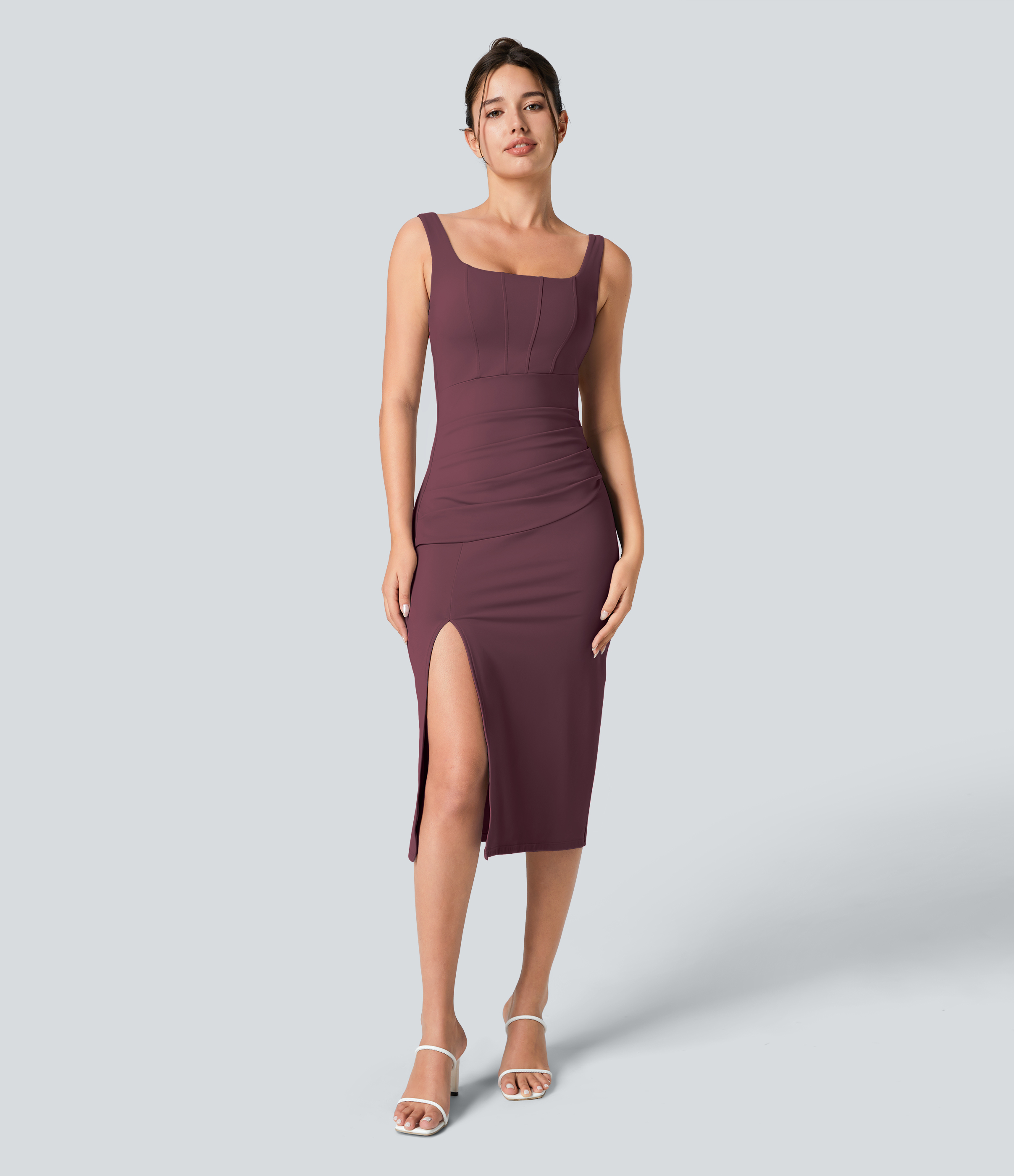 Softlyzero™ Airy Square Neck Backless Corset Ruched Split Bodycon Midi Cool Touch Bridesmaid and Wedding Guest Dress Casual Dress - Fig
