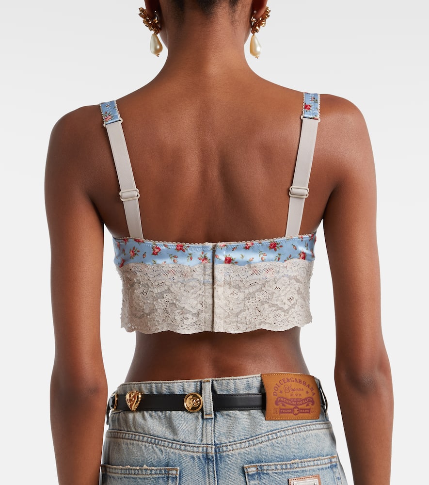 Floral lace-trimmed silk and cotton bra