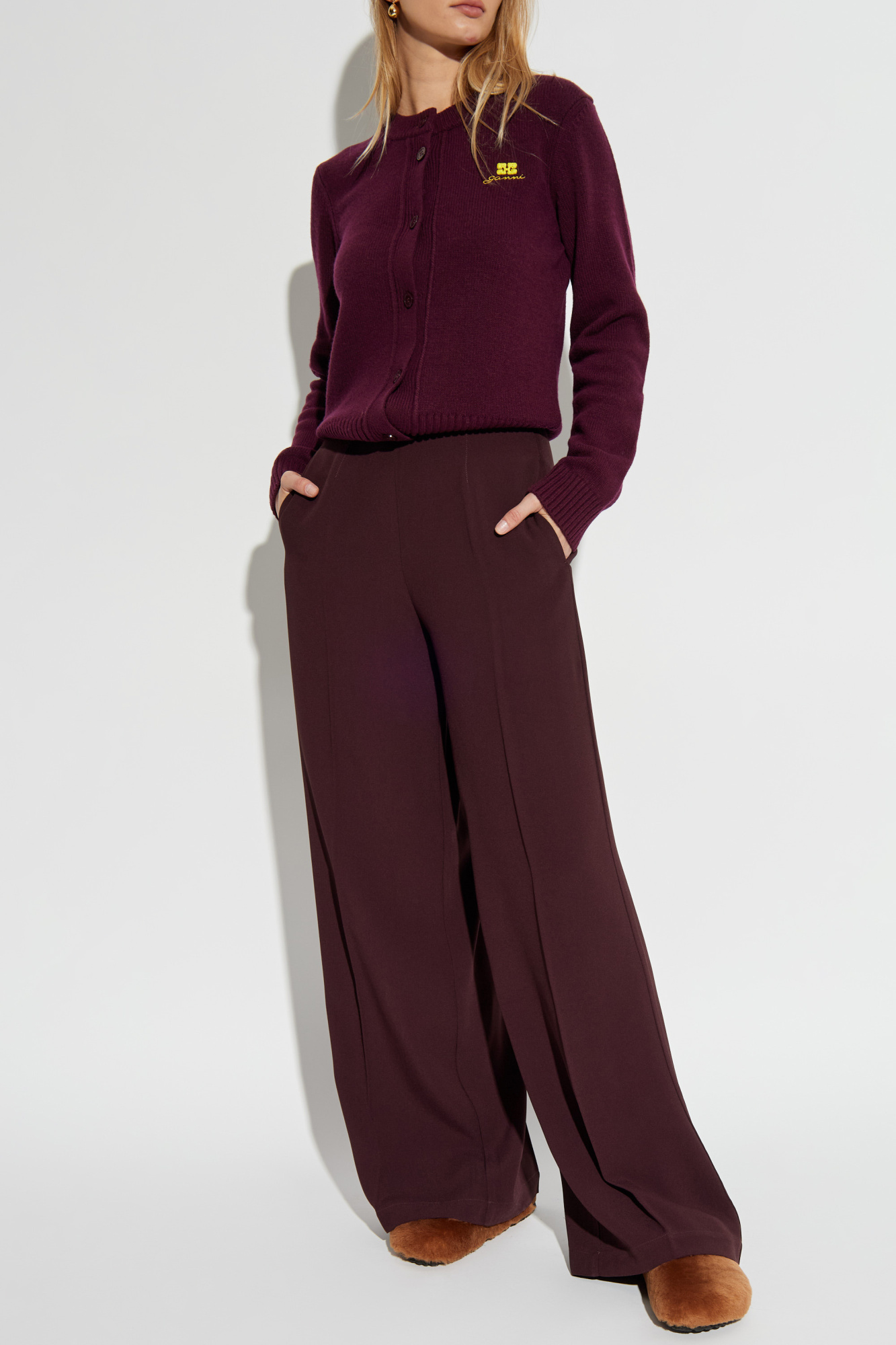 Wide-leg Pleated Trousers, Women's, Burgundy