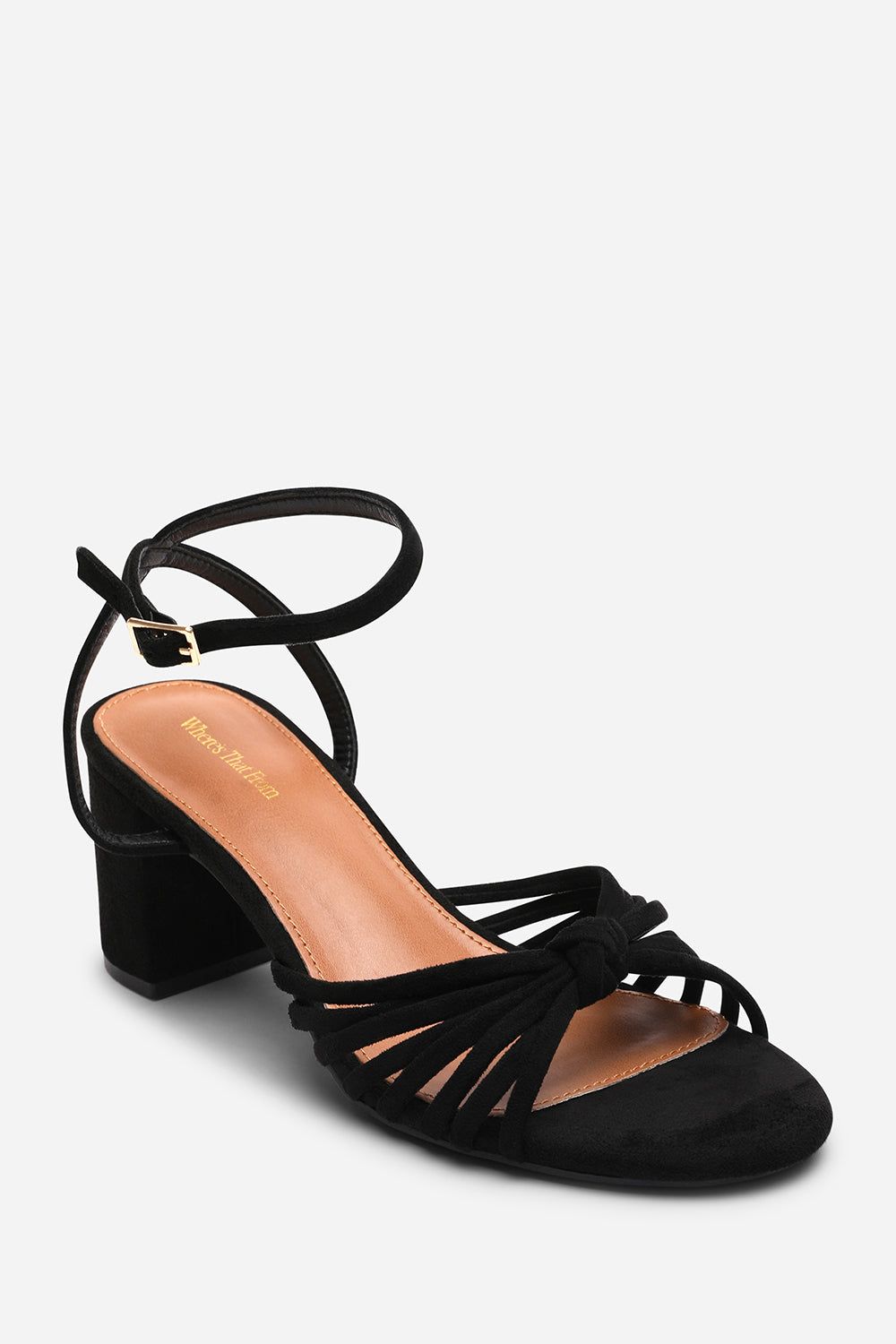 Where's That From Blossy Knotted Block Heel Sandal With Ankle Strap Suede In Black