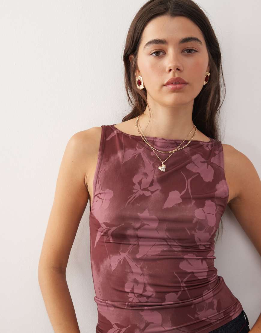Slash neck tank in pink abstract floral print