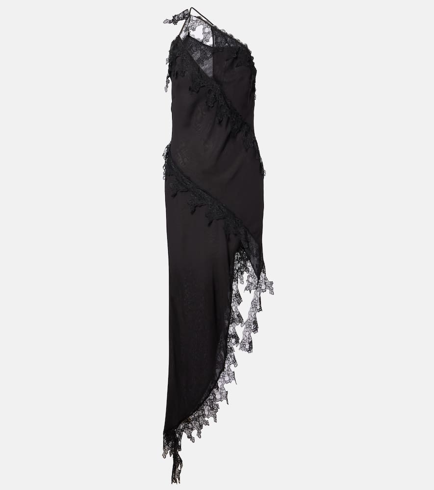 Asymmetric lace-trimmed midi dress
