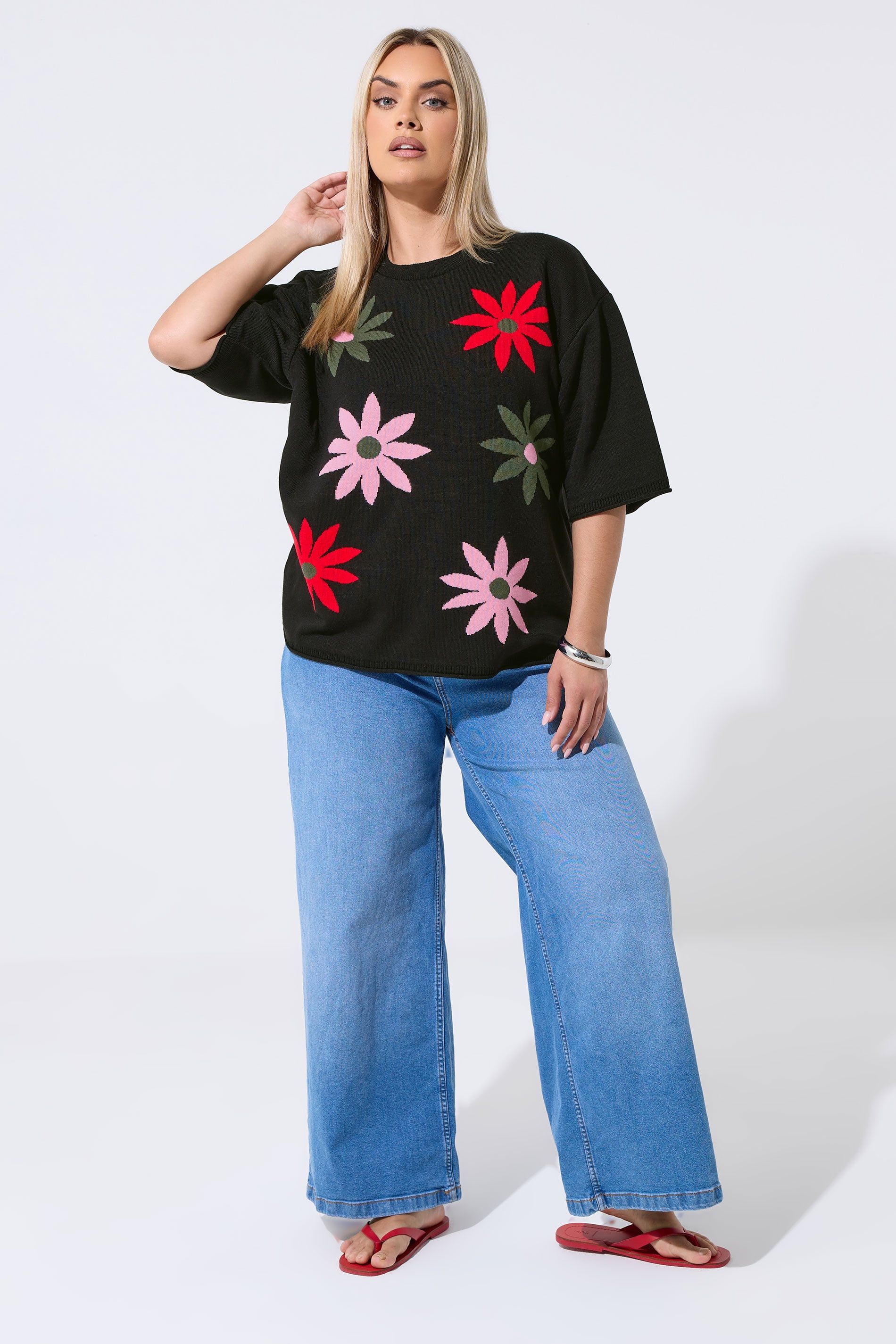 Yours Floral Knitted Boxy Top In Black