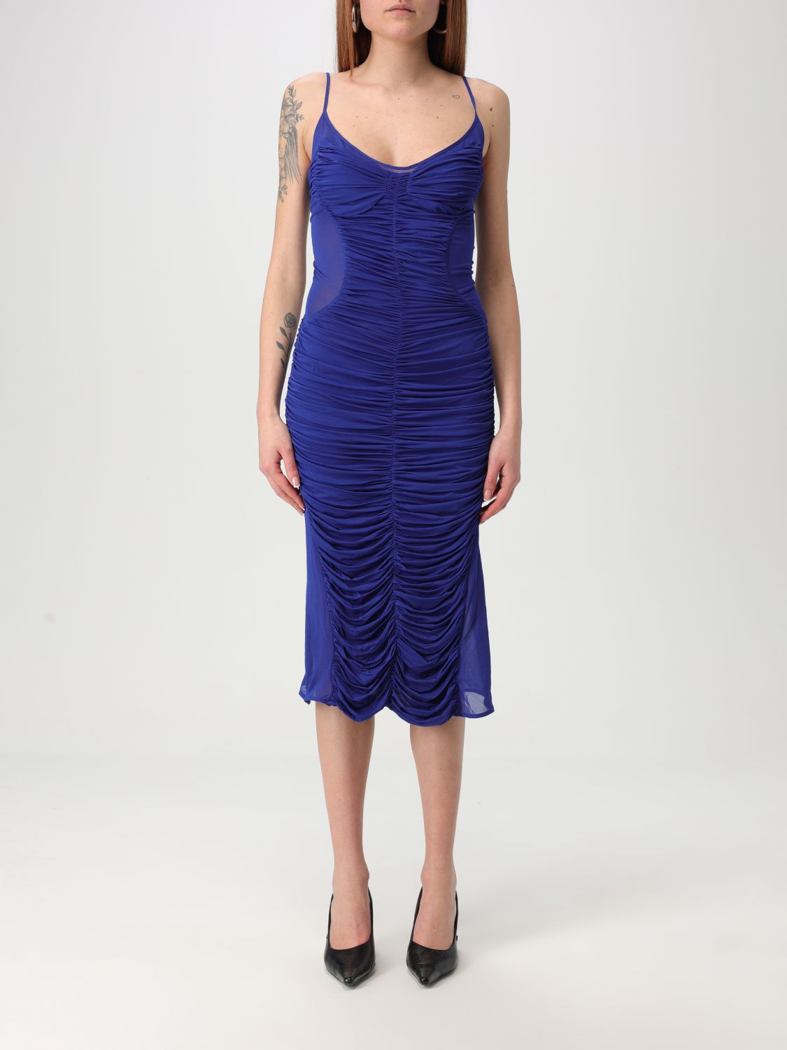 Ruched sheer midi dress - Blue