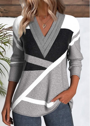 Modlily Plus Grey Patchwork Geometric Print T Shirt - 3X