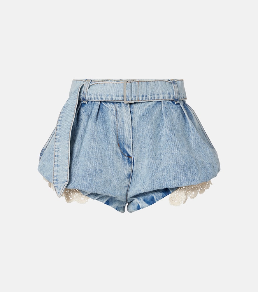 Crochet-trimmed denim shorts