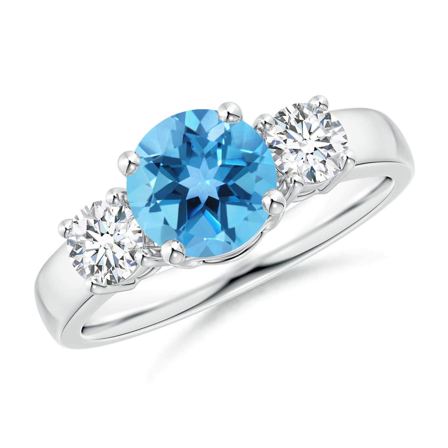 Angara 1.55 Carats Classic Round Swiss Blue Topaz and Diamond Three Stone Engagement Ring in Silver