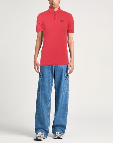 Ea7 Man Polo shirt Coral Size M Cotton, Elastane