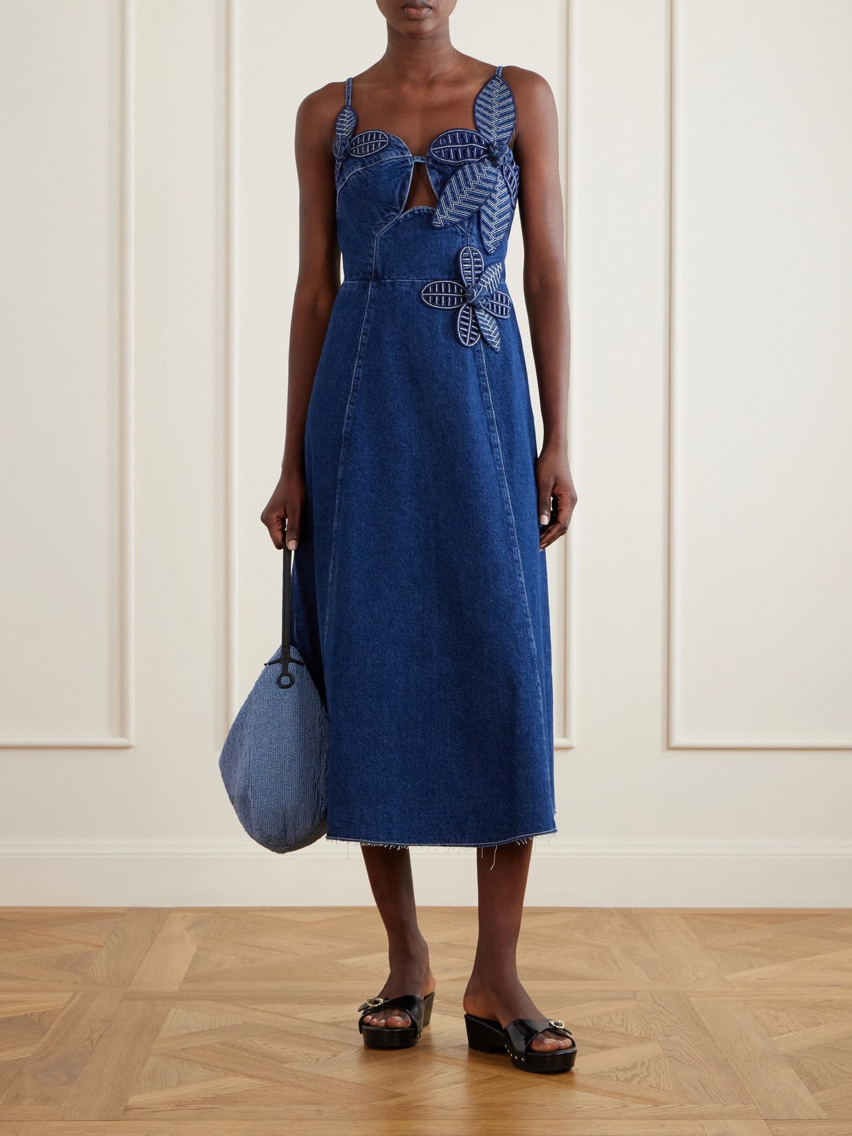 Floral-appliquéd Denim Midi Dress - Blue