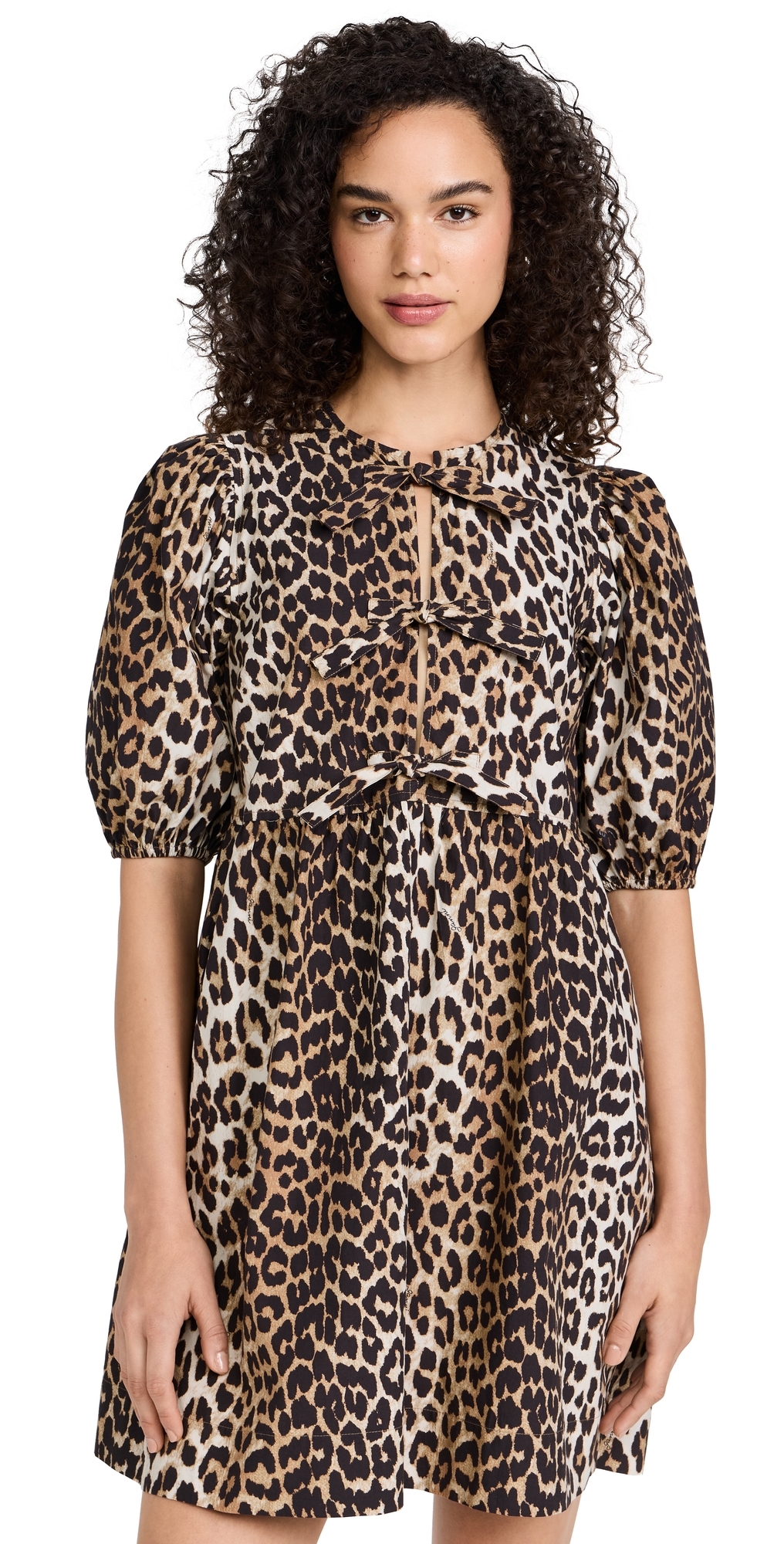Cotton Poplin Tie String Mini Dress Leopard